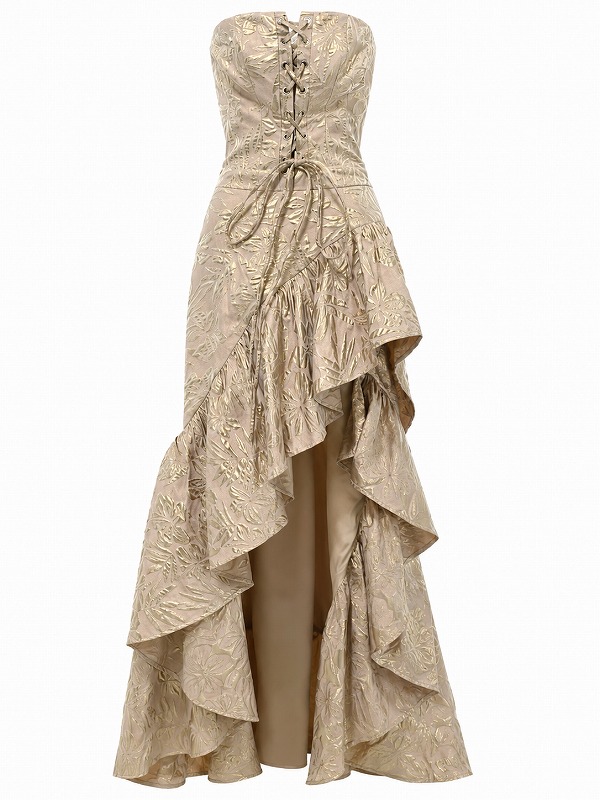 【新品DRESS 175】ハイビスカスパターンアシンメトリーテールロングドレス ベージュゴールド【BABYLON】